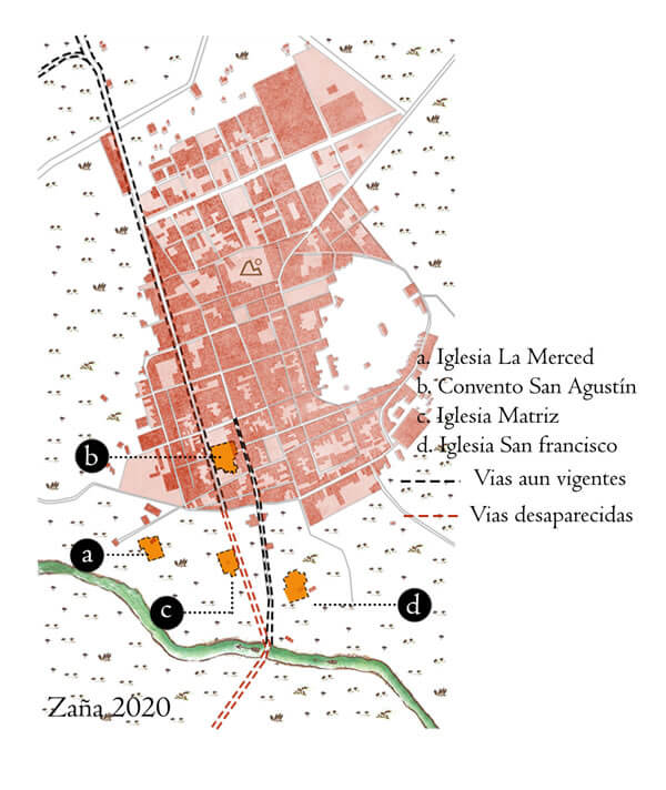 figura 2 Plano Municipal actual de Zaña superpuesto con los vestigios.